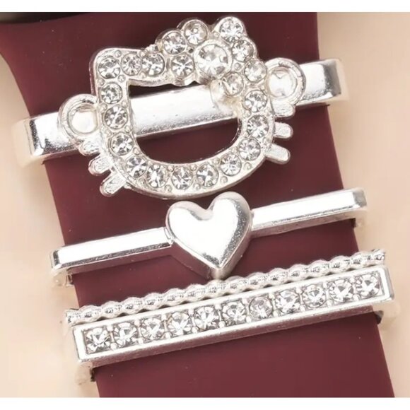 Hello Kitty Rhinestone Heart Watch Band Charms 4-Piece Silver Charm Set - Picture 1 of 3